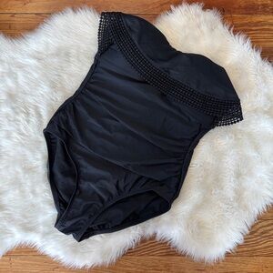 Kona Sol Black Strapless One-Piece Swimsuit with Crochet Trim